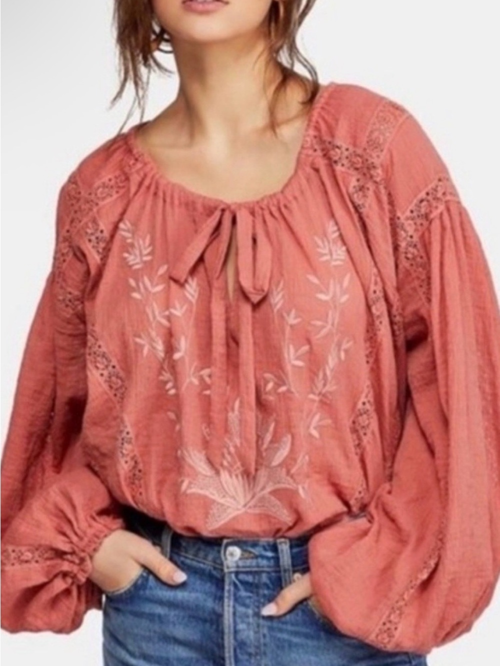 Free People | Athena Oversized Boho Embroidered Peasant Blouse